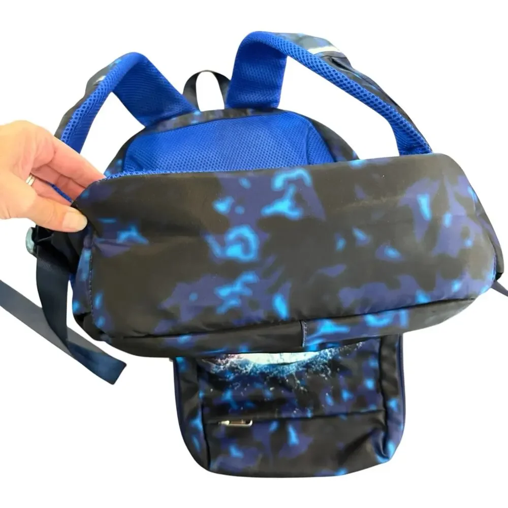 Backpack, kids, soccer ball, flames, blue black tie dye, multi-compartment